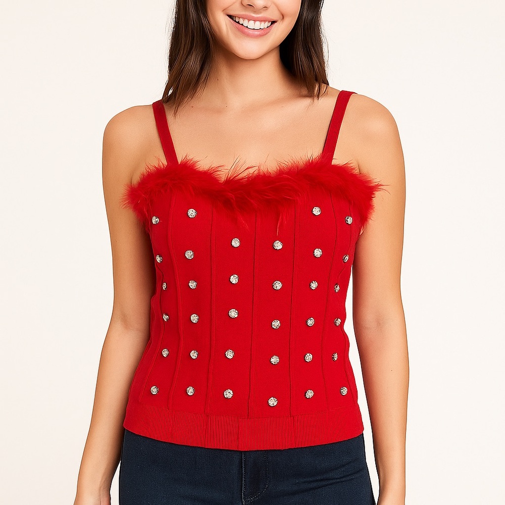 Elegant Red Feathered Women's top